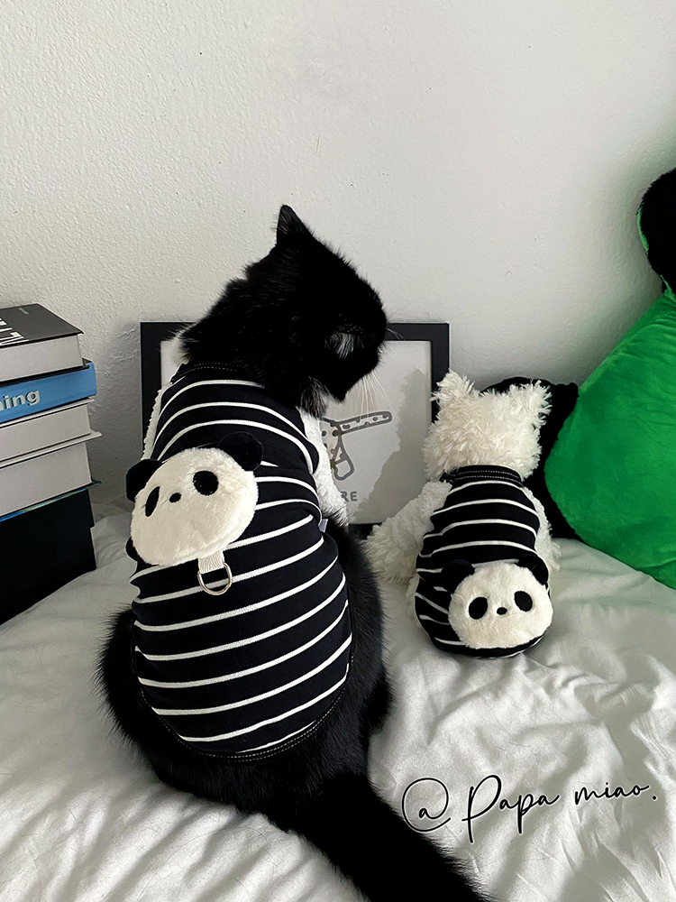 寵物秋季棉T黑白條紋毛絨袖衣熊貓玩偶帶掛鉤英短泰迪通用