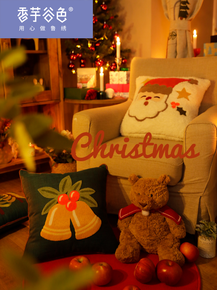 聖誕元素手工刺繡抱枕北歐風靠墊客廳裝飾靠背新年禮物必備