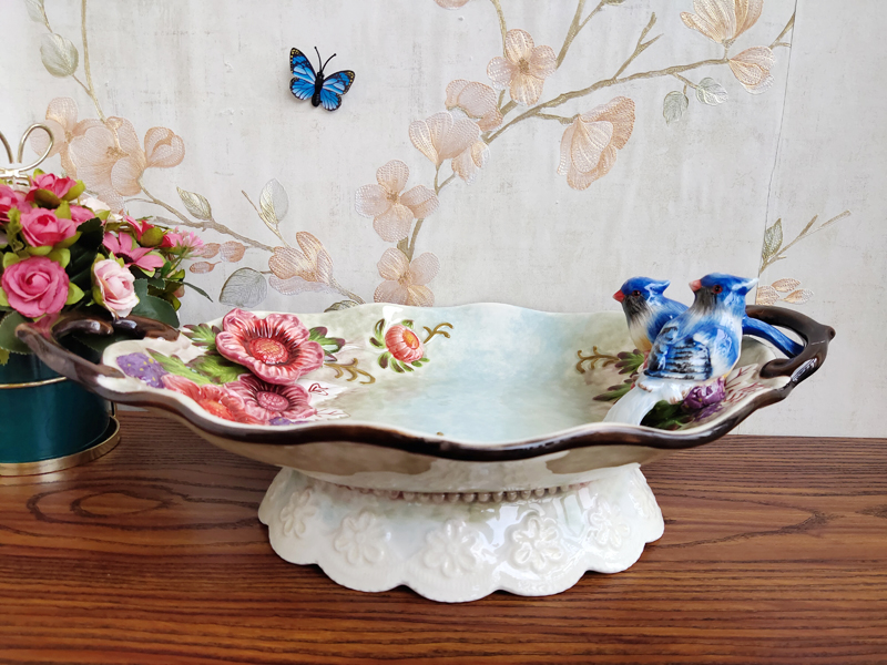 歐式手繪釉下彩陶瓷果盤 雙鵲報喜大果盤茶几果盆家用收納