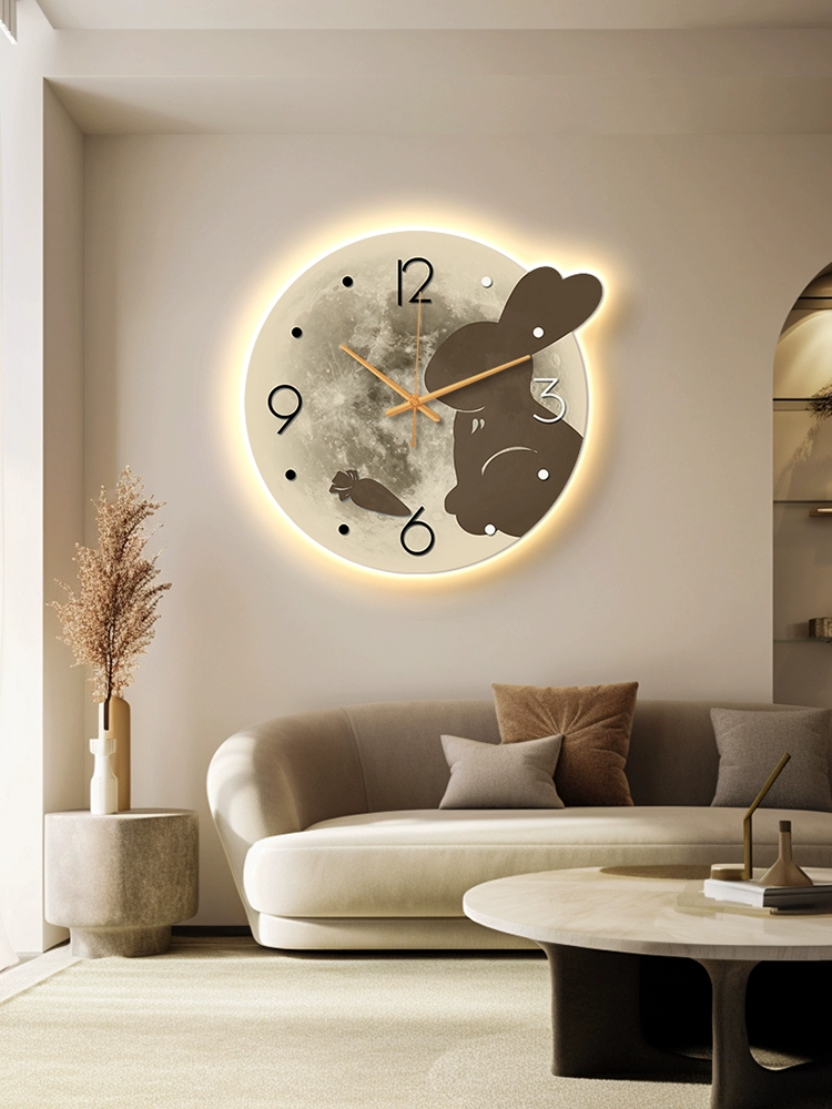 簡約月亮掛鐘 客廳發光免打孔牆面時鐘創意靜音鐘錶壁燈 (2.3折)