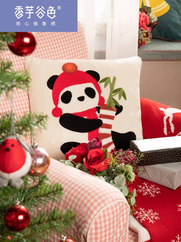 北歐風聖誕節日卡通熊貓刺繡抱枕 沙發靠墊辦公室腰枕新年禮物