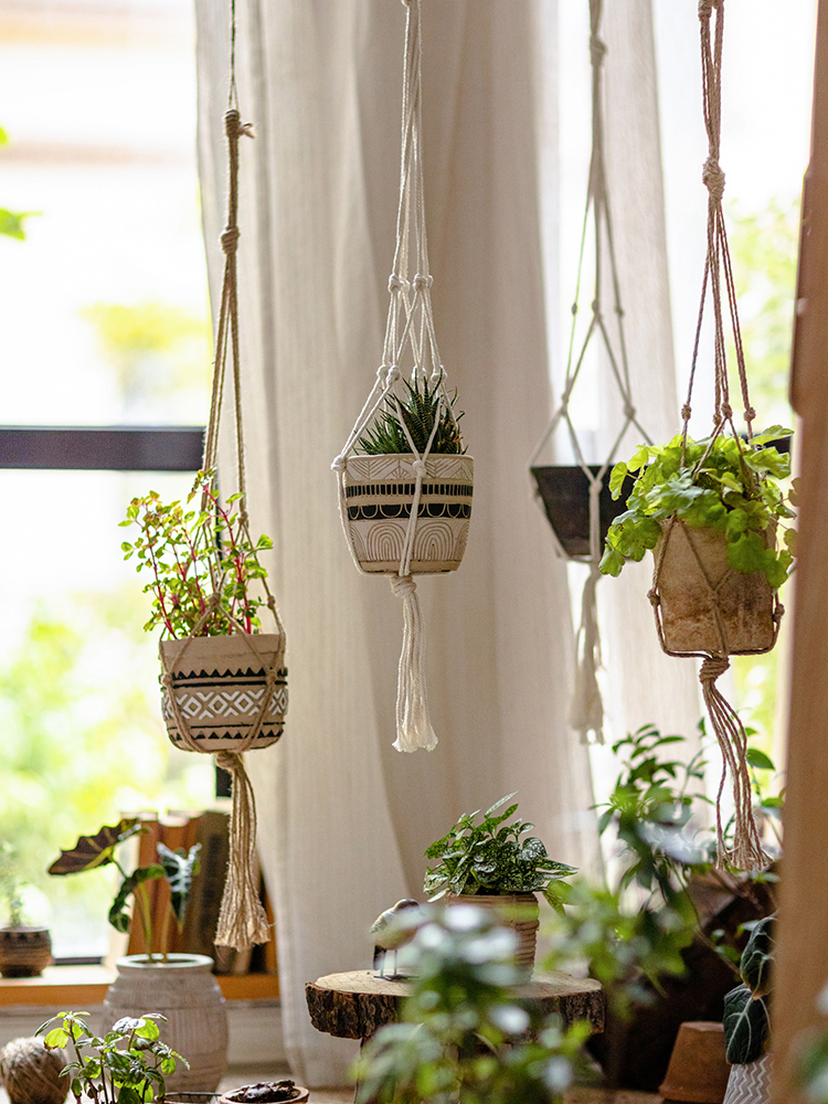 掬涵手工棉繩麻繩網兜吊籃簡約現代風格點綴您的陽臺為您的植物增添綠意