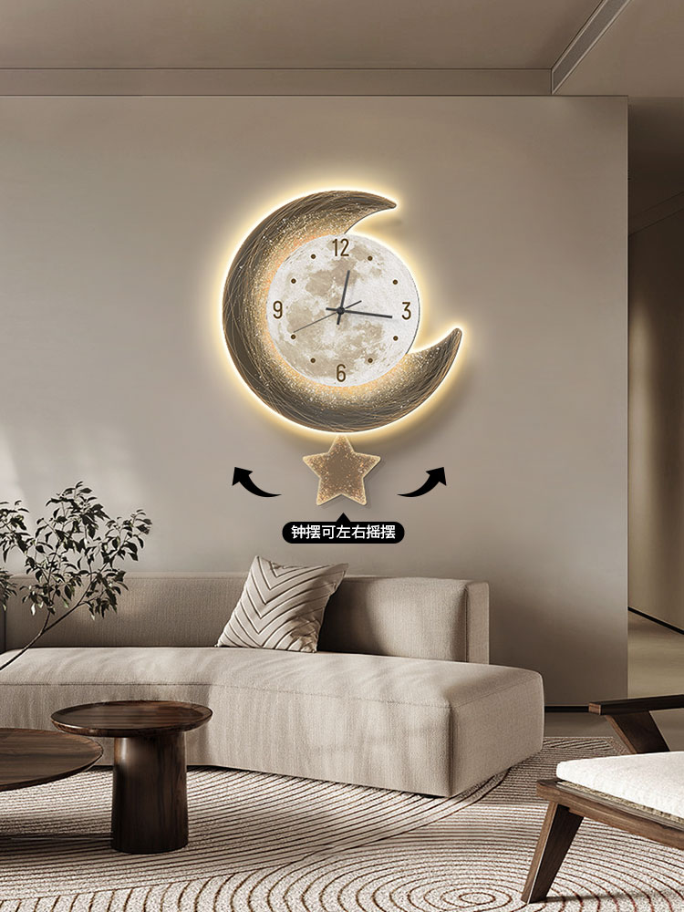 客廳掛鐘發光月球創意時鐘壁燈高級感餐廳背景牆鐘錶