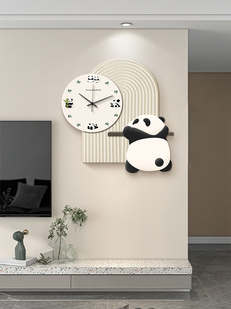 熊貓裝飾掛牆鐘錶客廳簡約現代風格不打孔掛鐘