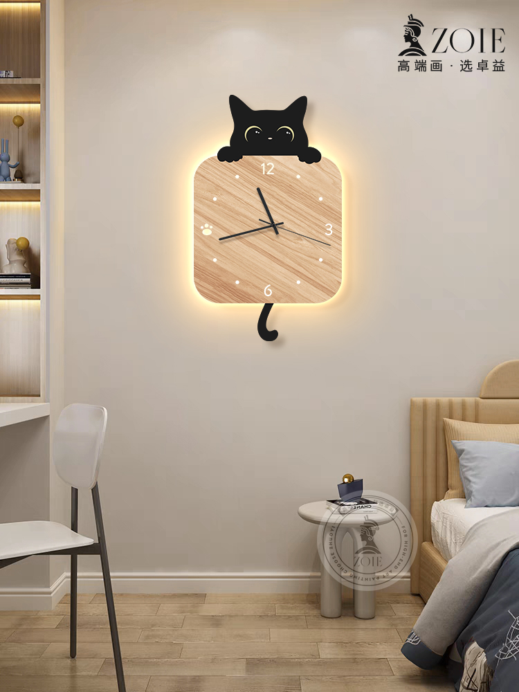 原木風貓咪鐘錶掛鐘客廳簡約現代創意時鐘壁燈 (3.1折)