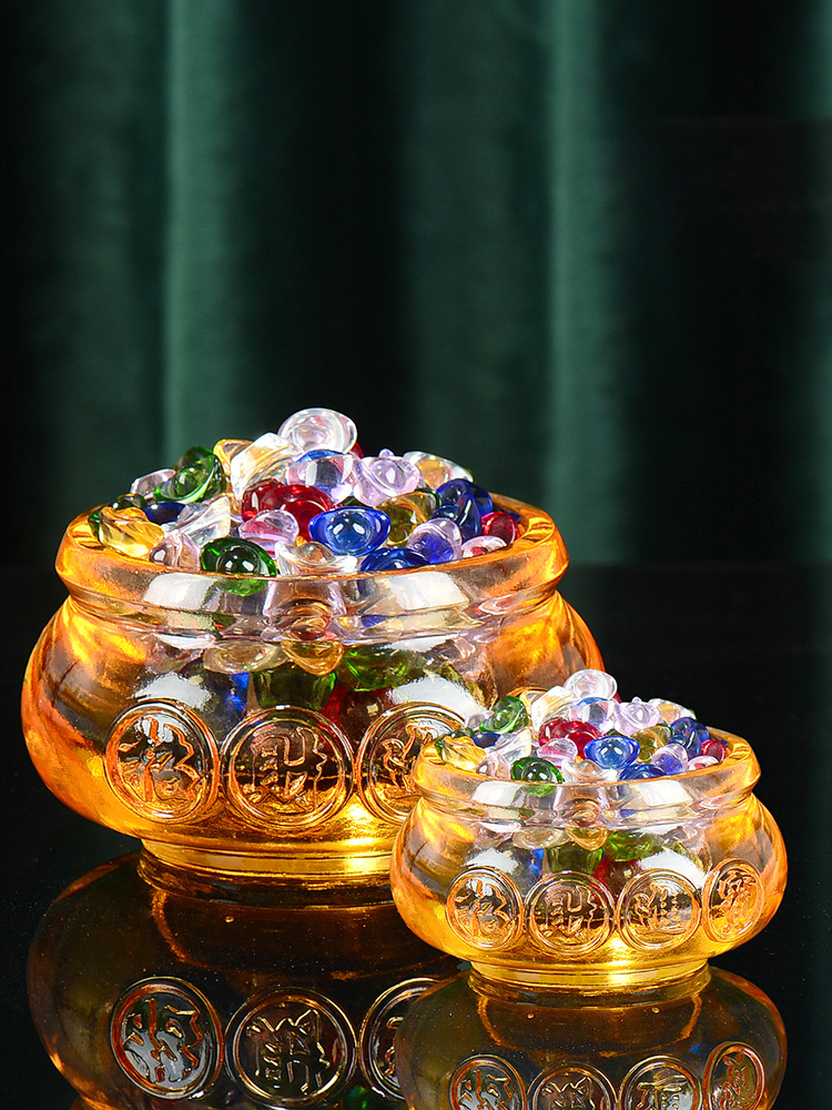 新中式古法琉璃聚寶盆擺件 金元寶琉璃水晶客廳擺飾 七寶石裝飾品