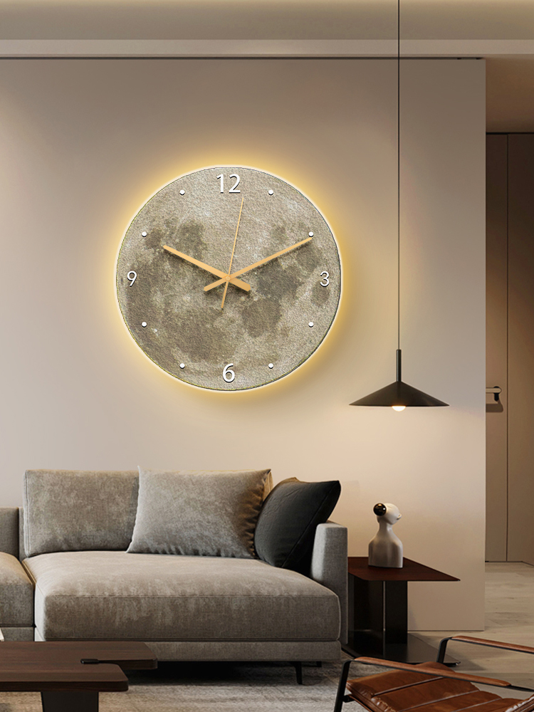 新潮網紅夜光創意月球鐘錶現代簡約客廳掛鐘裝飾牆壁掛時鐘燈具