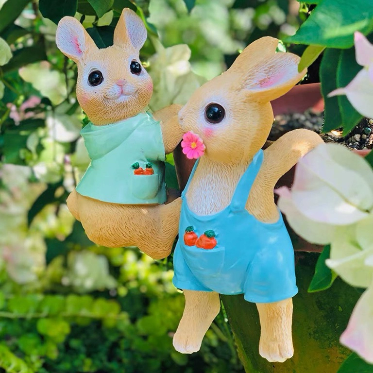 幸福情侶兔子擺件裝飾花園庭院多肉花盆魚缸樹脂工藝品