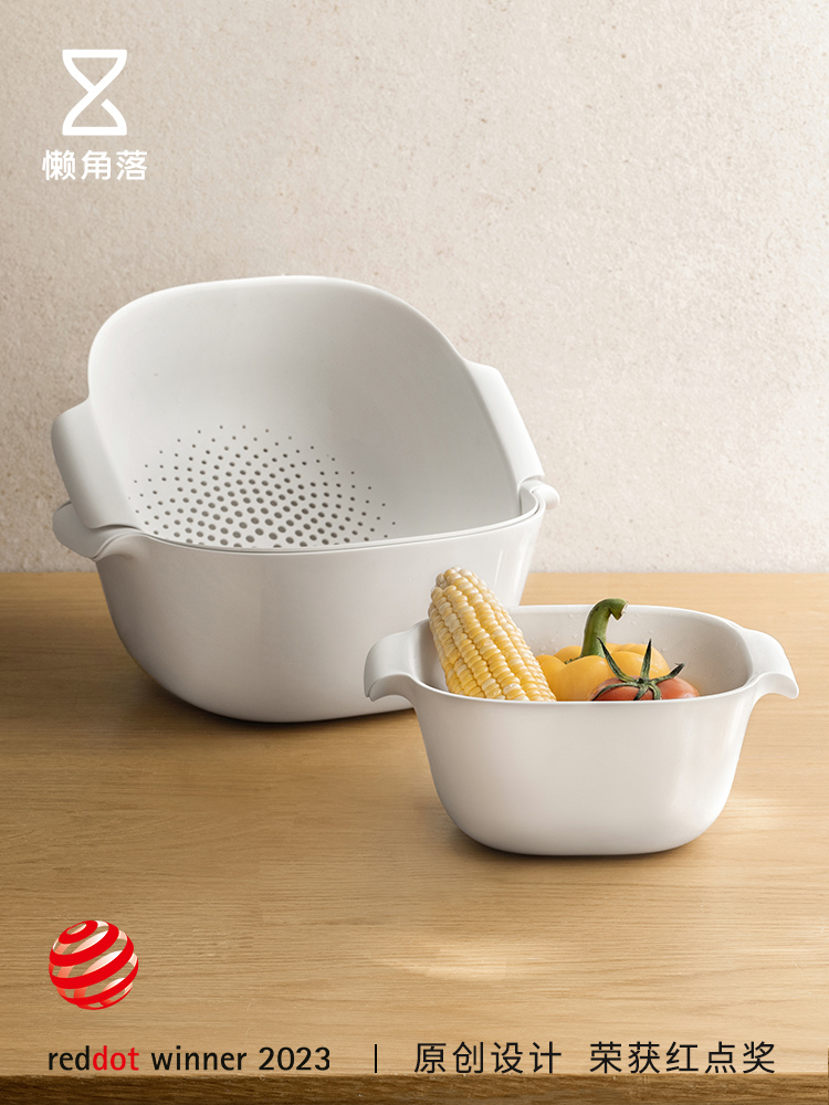 懶角落雙層雙色洗菜盆果盆瀝水籃居家日式塑料