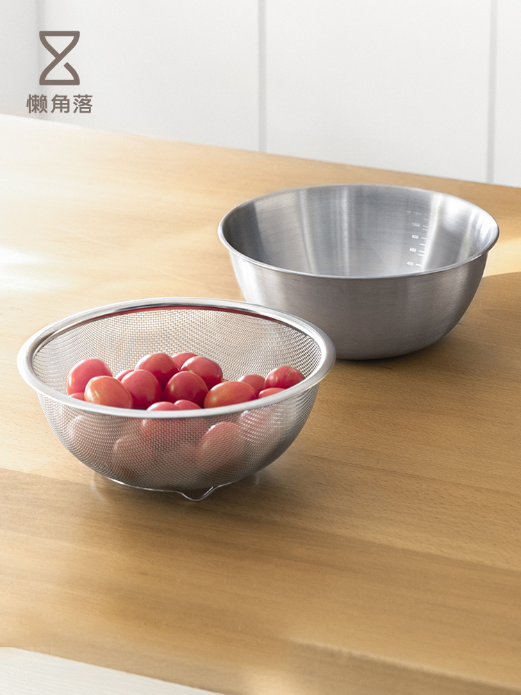 日式風格不鏽鋼雙層瀝水籃洗菜盆廚房水槽多功能洗米淘米籃子沙拉盆 (8.3折)