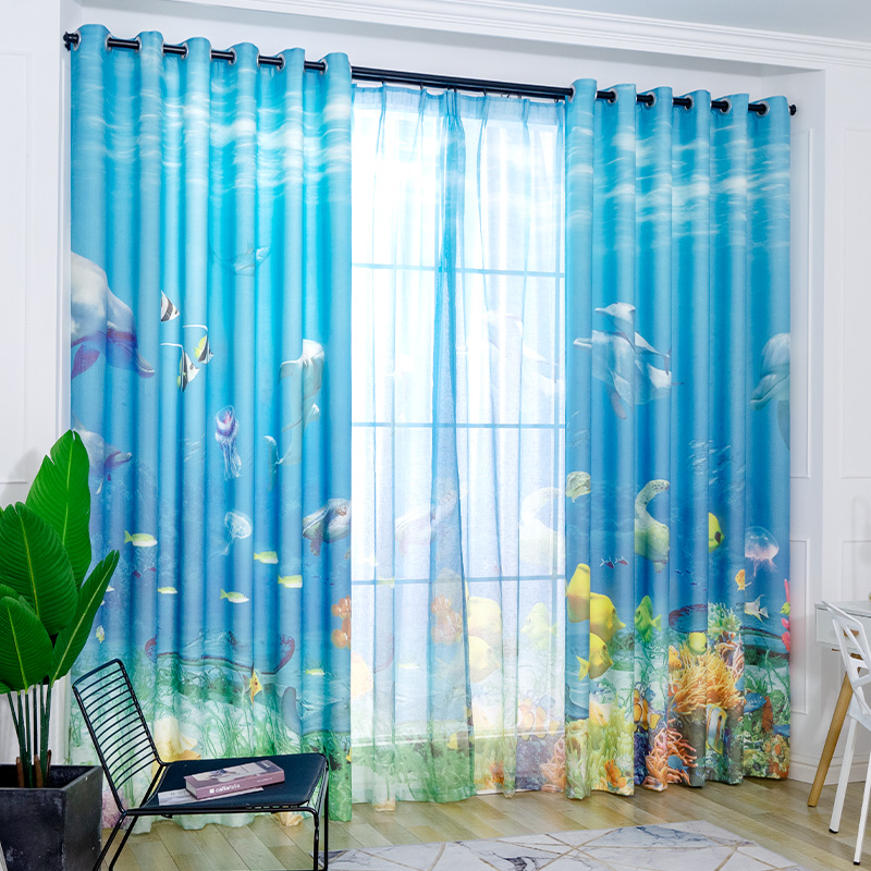 兒童房海底世界全遮光窗簾布料單雙幅掛鉤式加工成品簡約現代