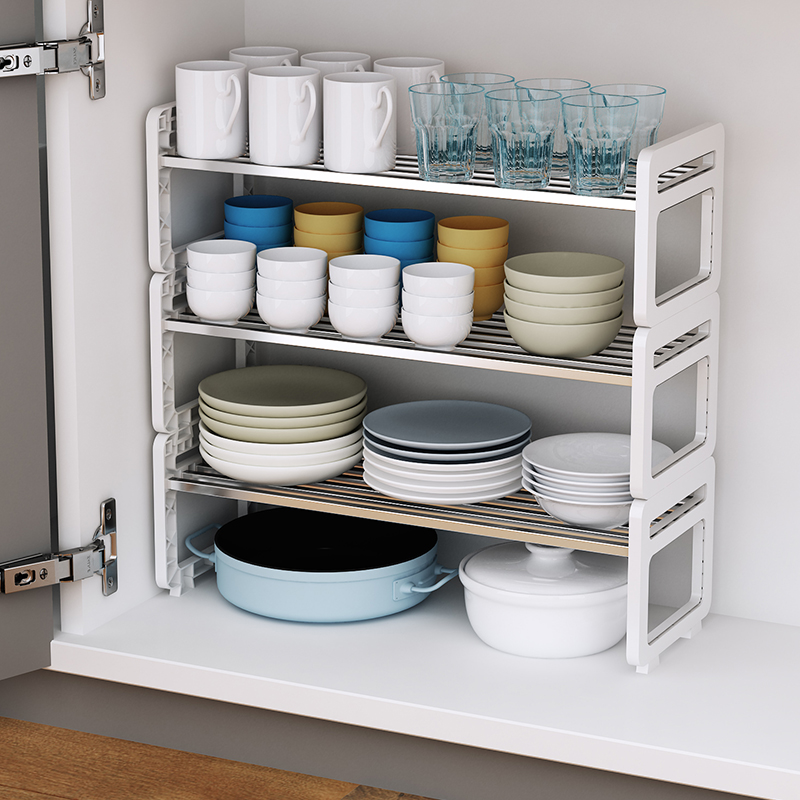 304不鏽鋼日式免打孔廚房櫥櫃架 分層置物架 碗盤置物架
