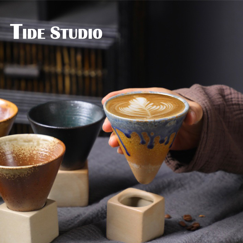 粗陶馬克杯子 精緻造型 日式高顏值 帶底座 復古咖啡杯