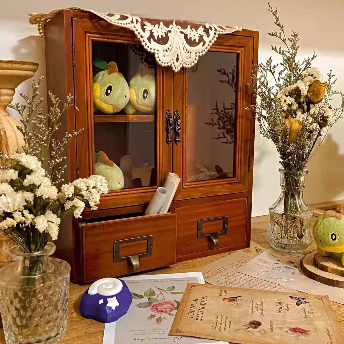 木質盃子桌麪收納盒化妝品茶盃桌上置物架抽屜式宿捨複古盲盒櫃