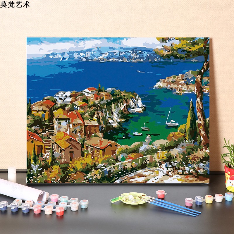風景數字油畫填充海島城市簡約現代佈置心情