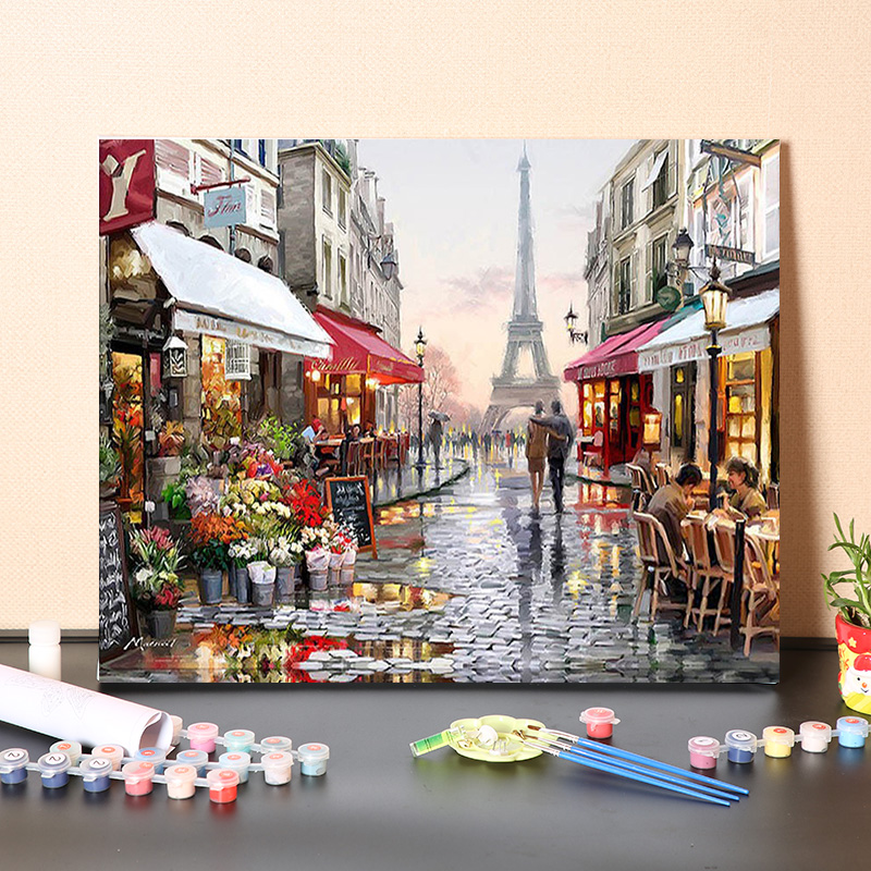 diy數字油畫歐洲城市法國巴黎花市街頭手繪塗色油彩畫