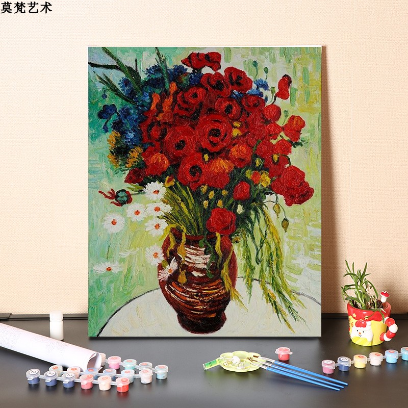 數字油畫diy手工填充世界名畫手繪塗色雛菊與罌粟花客廳油彩畫畫