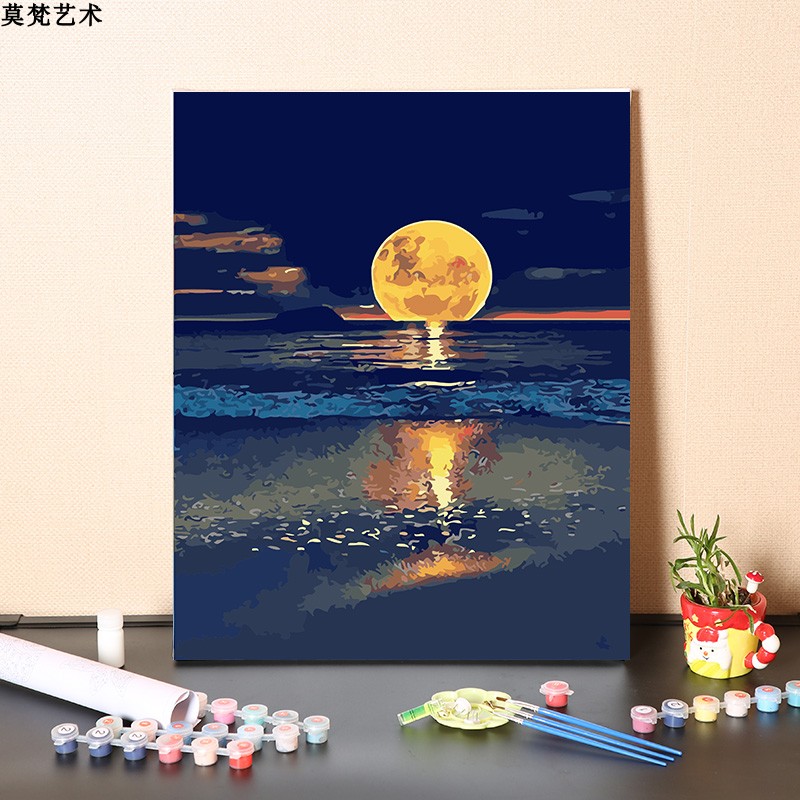 中式風情DIY數字油畫圓月主題丙烯顏料亞麻布材質 (3.6折)