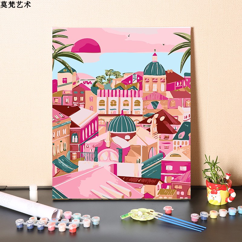 少女粉色房子風景數字油畫手工填充簡約現代風格彩版畫布顏料畫筆安裝配件 (3.5折)