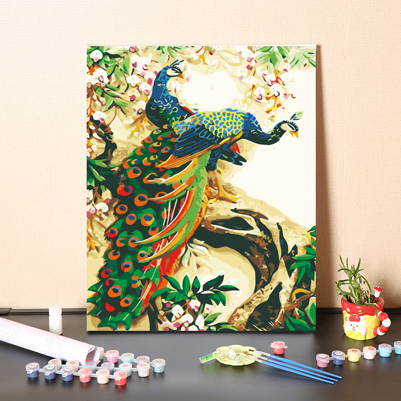 中式風格DIY吉祥鳥孔雀數字油畫  彩板厚框充足顏料畫筆 (4.6折)
