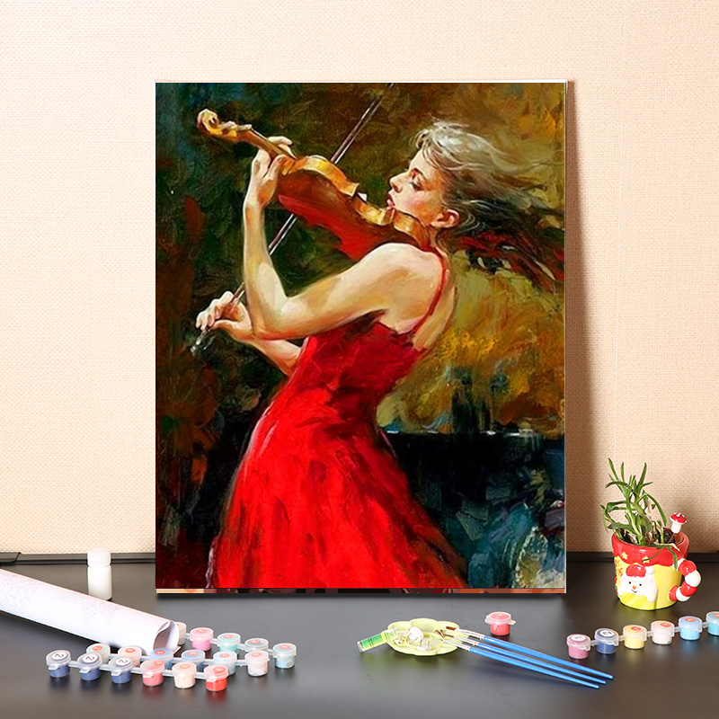 數字油畫diy手工填充拉小提琴的女人手工手繪減壓畫畫塗色油彩畫