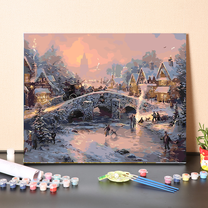 數字油畫diy手工填充美麗雪景城市油彩畫消磨時間塗色畫