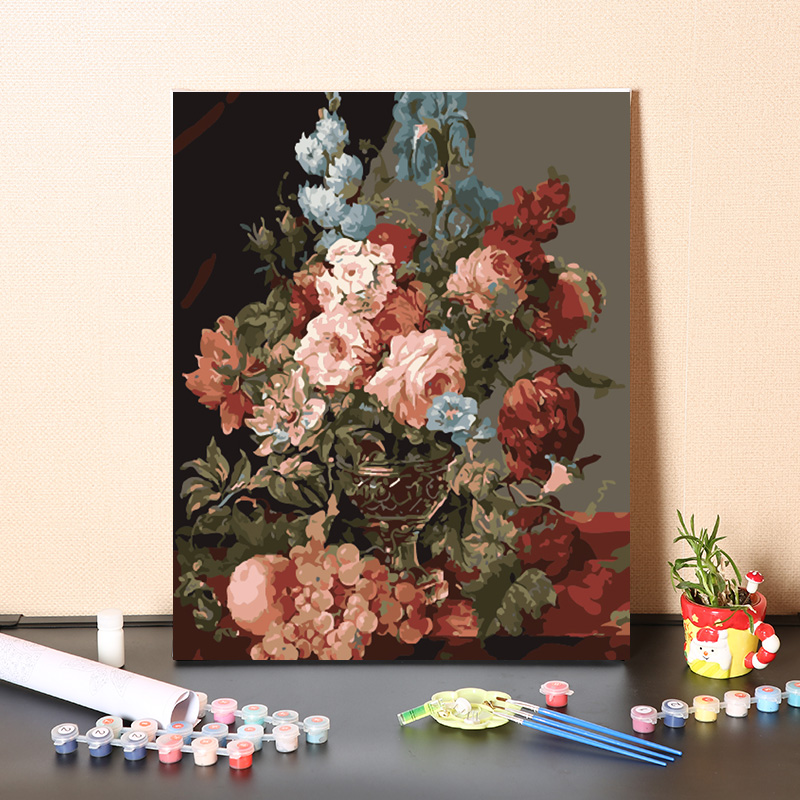 diy復古手繪塗色丙烯數字油畫歐式風格亞麻布植物花卉圖案