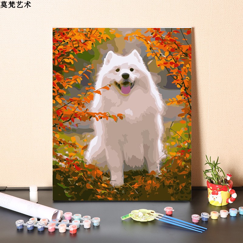 彩繪天使薩摩耶犬數字油畫 創意動物手繪塗色 diy簡約現代藝術畫