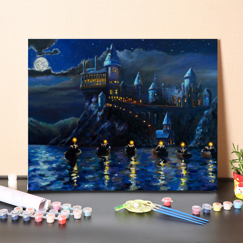歐洲風格 diy 手繪塗色數字油畫 霍格沃茨魔法學校城堡