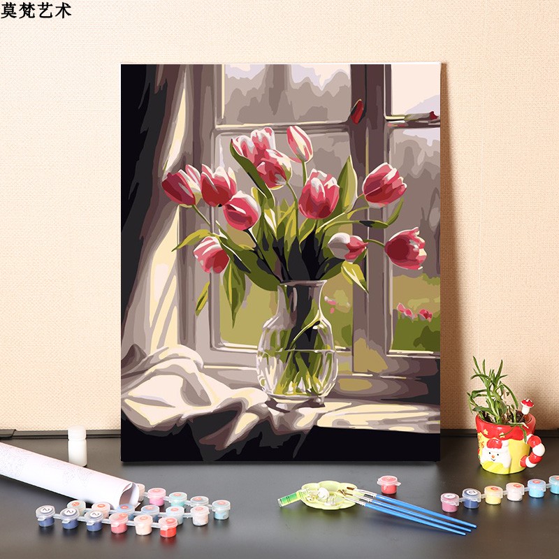 diy數字油畫鬱金香花卉主題簡約現代風格手繪丙烯畫適合窗臺裝飾