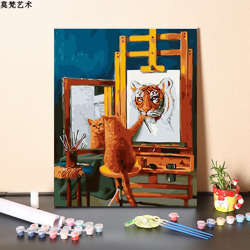 簡約現代風格數字油畫丙烯顏料手繪小貓老虎圖案兒童房裝飾好禮 (8.3折)