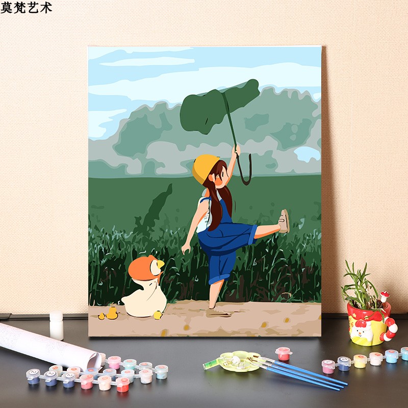 DIY療癒風景油畫女孩與小鴨子農村田野手繪油彩畫 (8.3折)