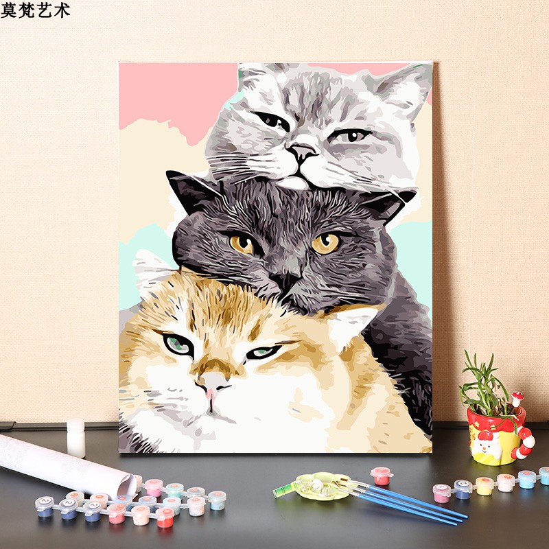 diy手繪丙烯數字油畫三隻可愛小貓咪圖案簡單現代風天然亞麻布材質適合客廳臥室