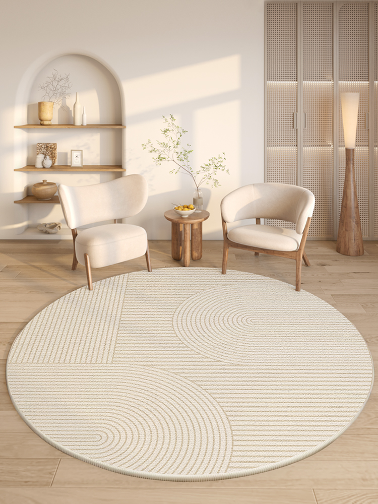 奶油風圓形地毯 溫柔簡約風格臥室床邊毯簡約高級感電腦椅地墊免洗
