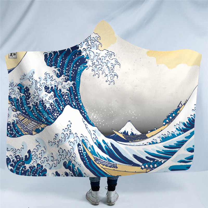 日式衝浪浮世繪雙層加絨保暖披肩居家沙發懶人毯 (8.3折)