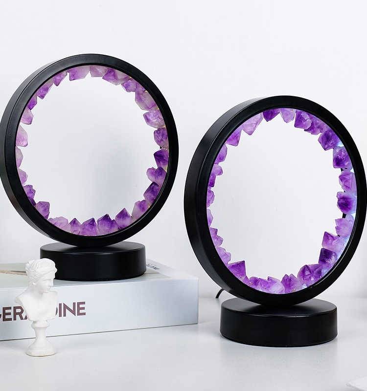 創意天然紫水晶晶簇DIY圓形夜燈USB底座臥室床頭燈飾