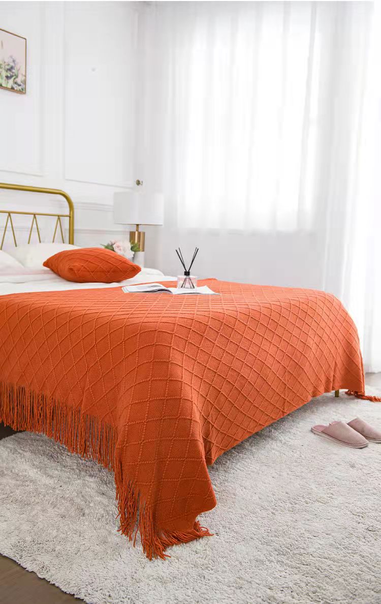 歐式輕奢菱格紋毛線毯純色針織毯床尾巾沙發披毯