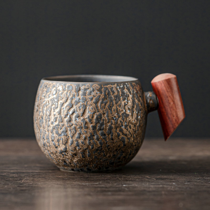 北歐風格陶瓷咖啡杯 木柄錘紋質感 精緻窯變釉色