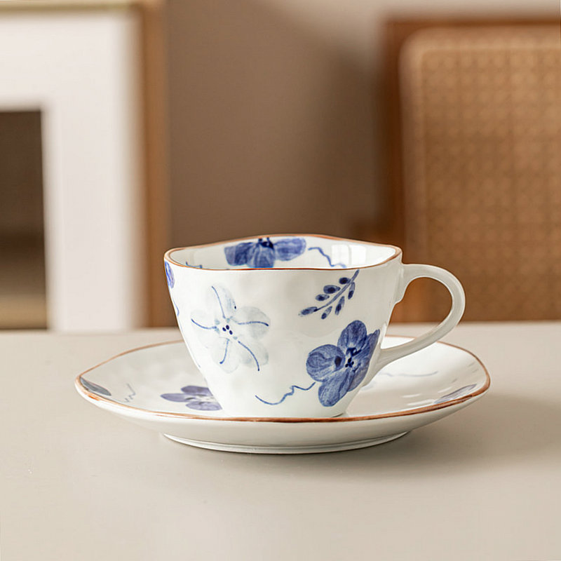 日式風格手繪藍星花陶瓷咖啡杯套裝釉下彩瓷質適閤家用喝水1個裝