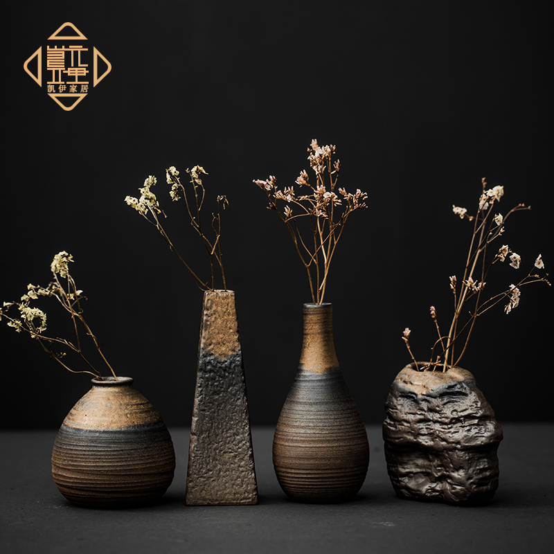 日式粗陶花器 手工陶瓷花瓶 復古茶几插花裝飾擺件