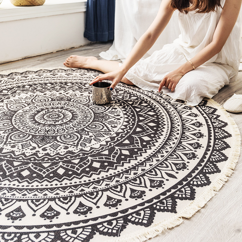 北歐棉麻復古圓形地毯 臥室床邊地墊 幾何圖案