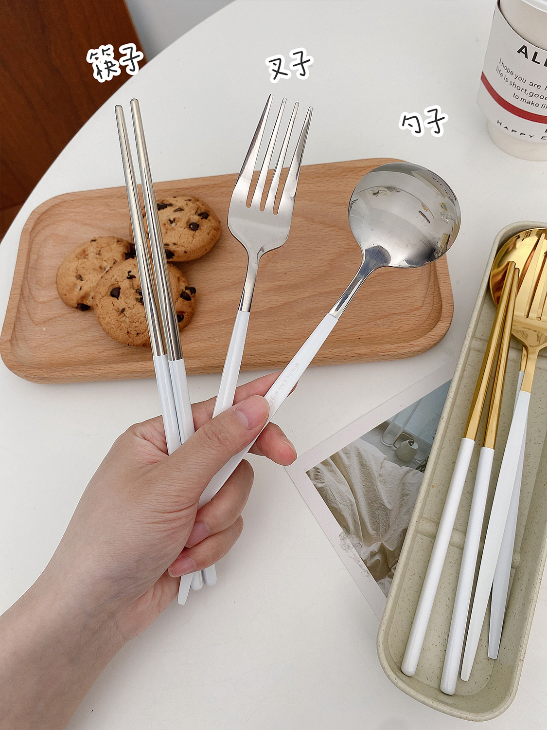 日式風格不鏽鋼筷子勺子套裝便攜餐具盒旅行單人學生兒童三件套收納盒
