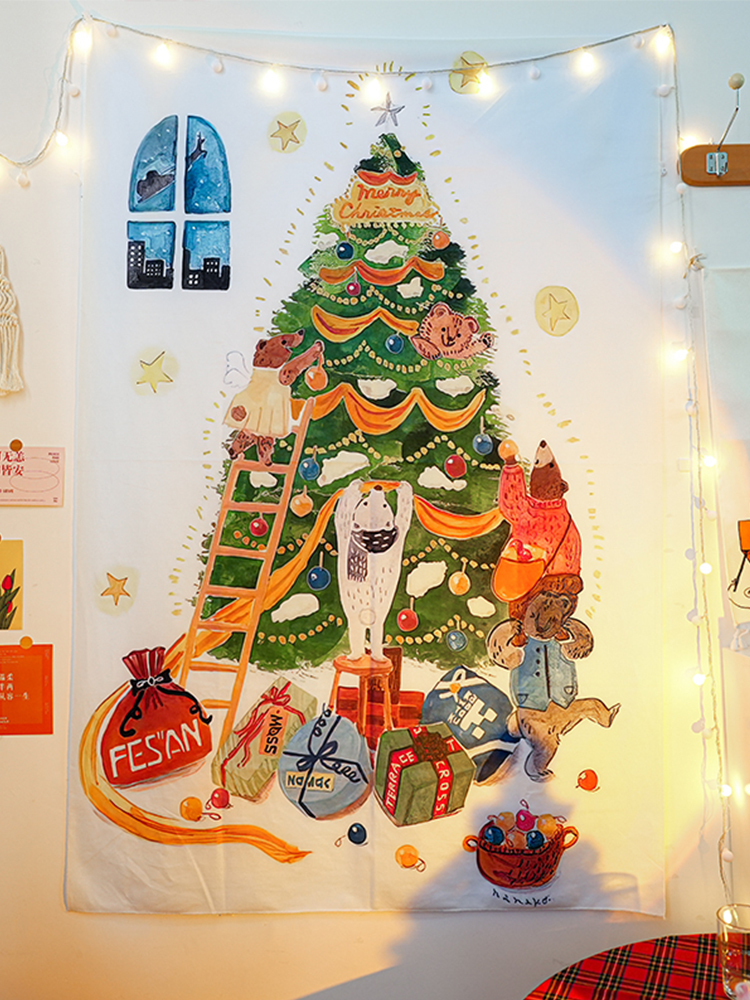 小熊聖誕樹掛布背景布美式風格布藝材質客廳裝飾拍攝道具