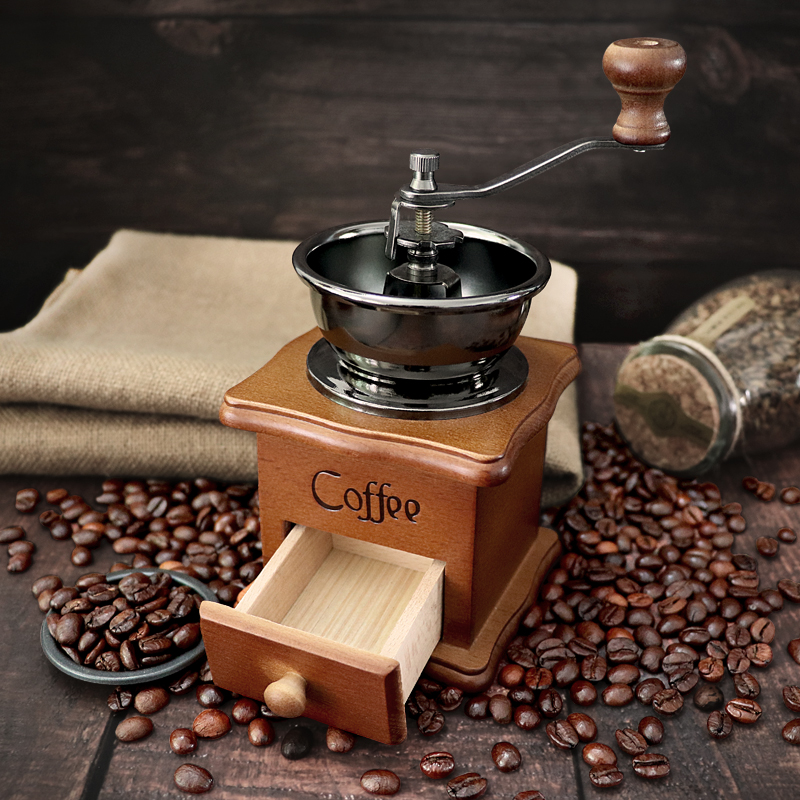 復古原木手動研磨機器咖啡機優雅風格輕鬆沖泡香濃咖啡