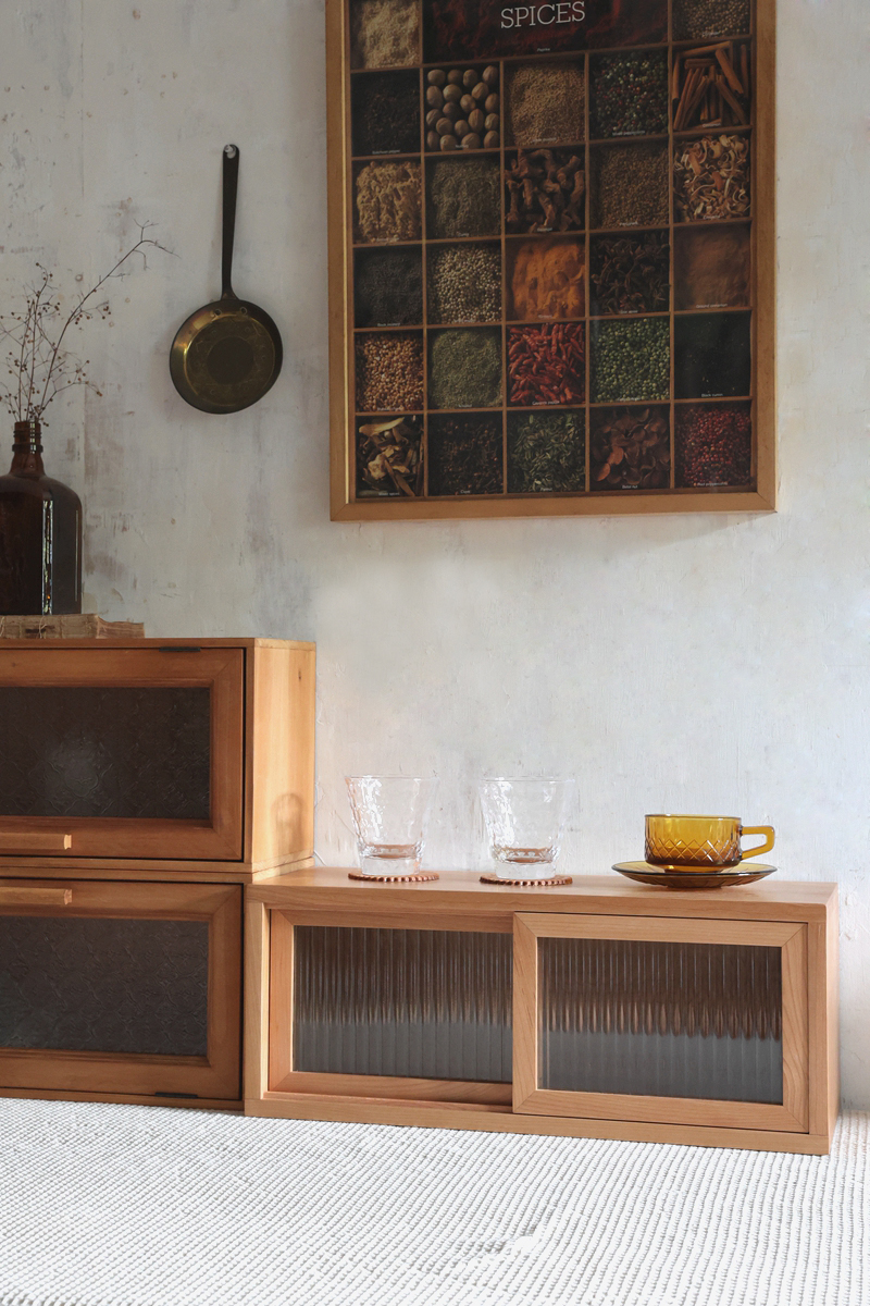 日式輕奢長虹玻璃推拉門收納櫃 實木餐具置物架 通用空間 (8.3折)