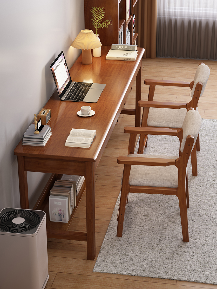 實木窄書桌家用小戶型寬40cm書房辦公電腦桌臥室學生寫字桌椅組郃