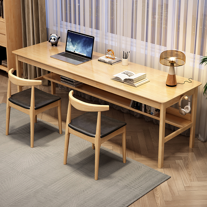 實木雙人書桌家用長條辦公桌臥室簡易台式電腦桌學生寫字桌椅組郃