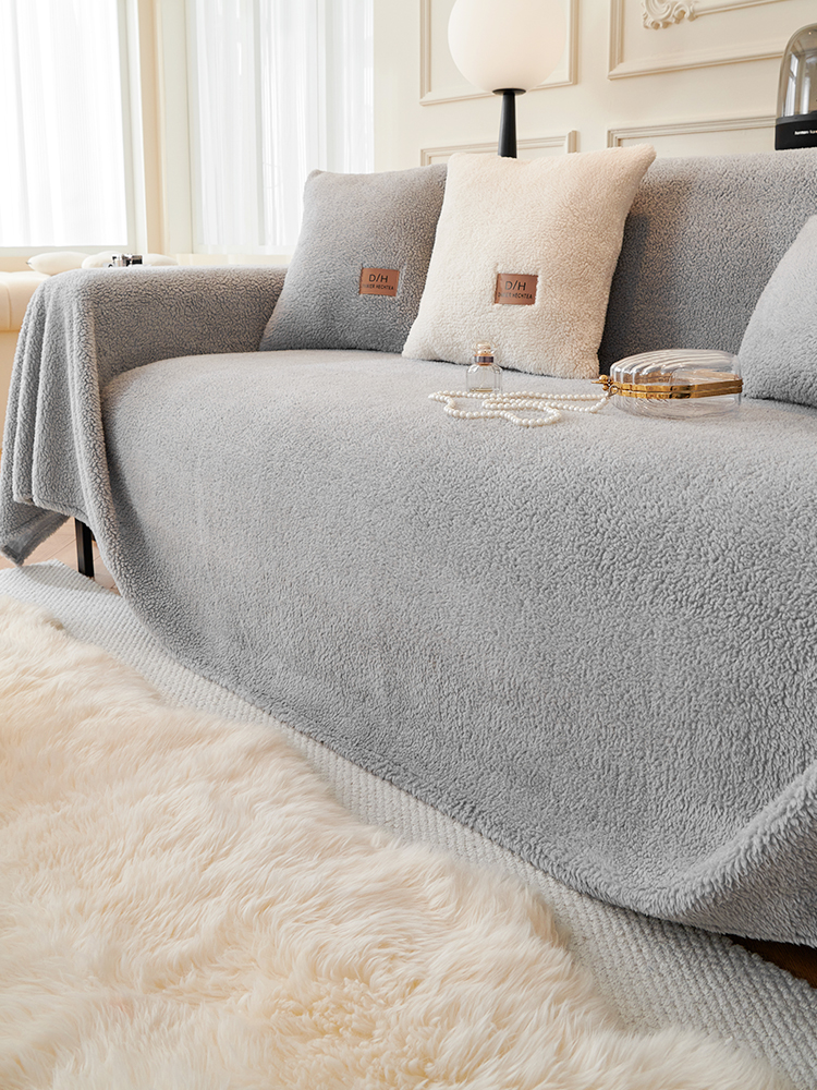 簡約時尚羊羔絨沙發墊冬季加絨加厚一片式全蓋保護沙發