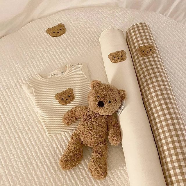 韓式風棉質圓柱形嬰兒側睡靠枕午睡小熊嬰兒靠枕舒適貼合