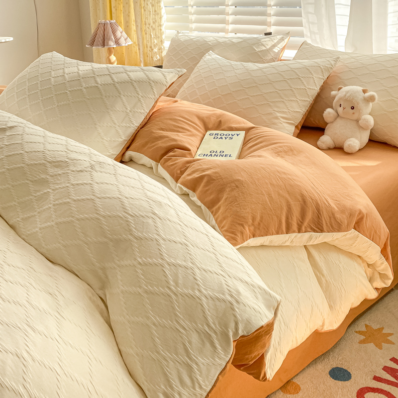 北歐簡約水洗棉四件套夏季涼爽床單三件套適合單人宿舍的床上用品